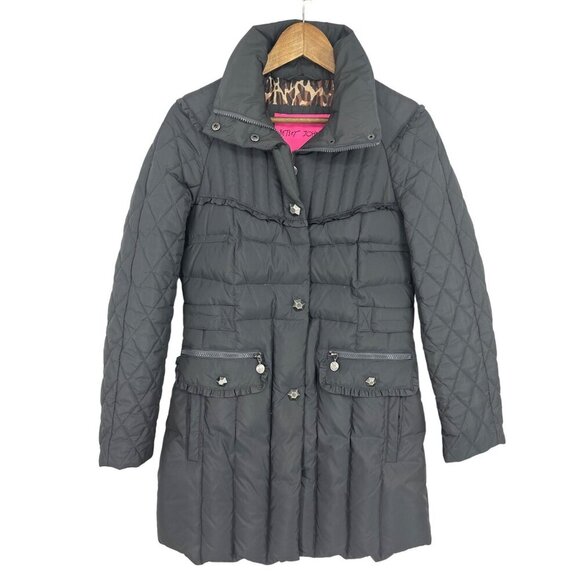 Betsy Johnson Long Down Puffer Coat Leopard Print Lining Ruffle Details Sz S - Picture 1 of 9